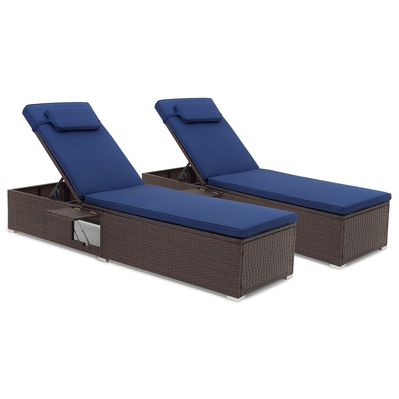 Mix Brown PE Rattan Patio Chaise Lounge Set of 2 with Navy Cushions and Side Table